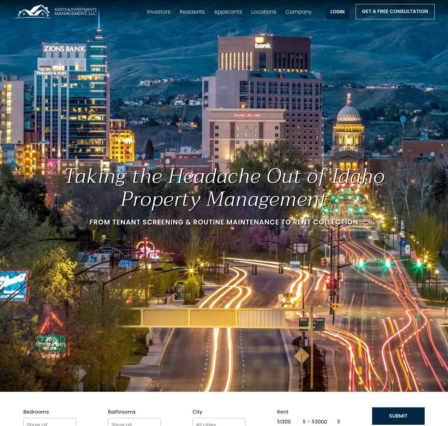 AIM Property Management home page: a headline over the downtown Boise skyline at dusk.