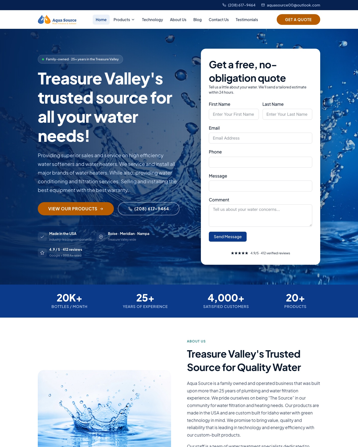 Aqua Source home page: a headline over splashing water beside a free quote form.